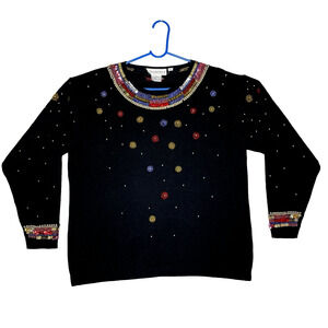 Vtg 80s Women’s Sweater Jewels Beaded Colorful Black Size M Glam Disco Rave